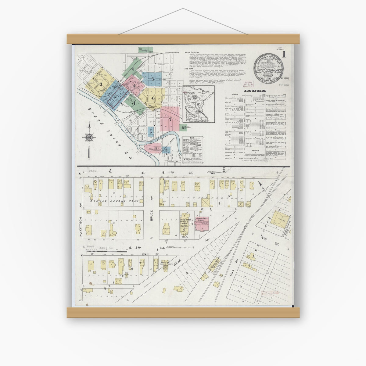 Old map wall art mockup — magnetic wood frame on white wall — Sanborn Fire Insurance Map from East Grand Forks, Polk County, Minnesota (1914), Sheet #0001