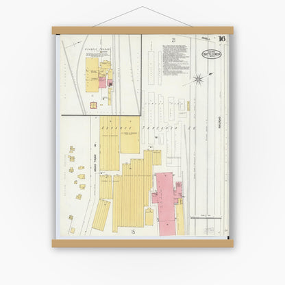 Old map wall art mockup — magnetic wood frame on white wall — Sanborn Fire Insurance Map from Battle Creek, Calhoun County, Michigan (1902), Sheet #0016