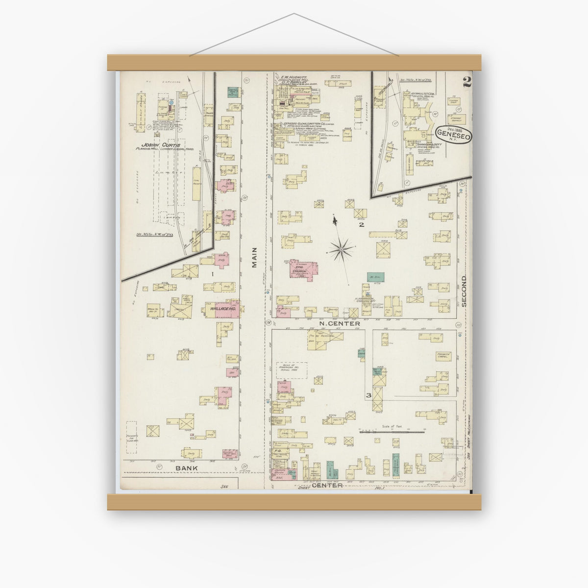 Old map wall art mockup — magnetic wood frame on white wall — Sanborn Fire Insurance Map from Geneseo, Livingston County, New York (1885), Sheet #0002