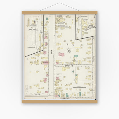 Old map wall art mockup — magnetic wood frame on white wall — Sanborn Fire Insurance Map from Geneseo, Livingston County, New York (1885), Sheet #0002