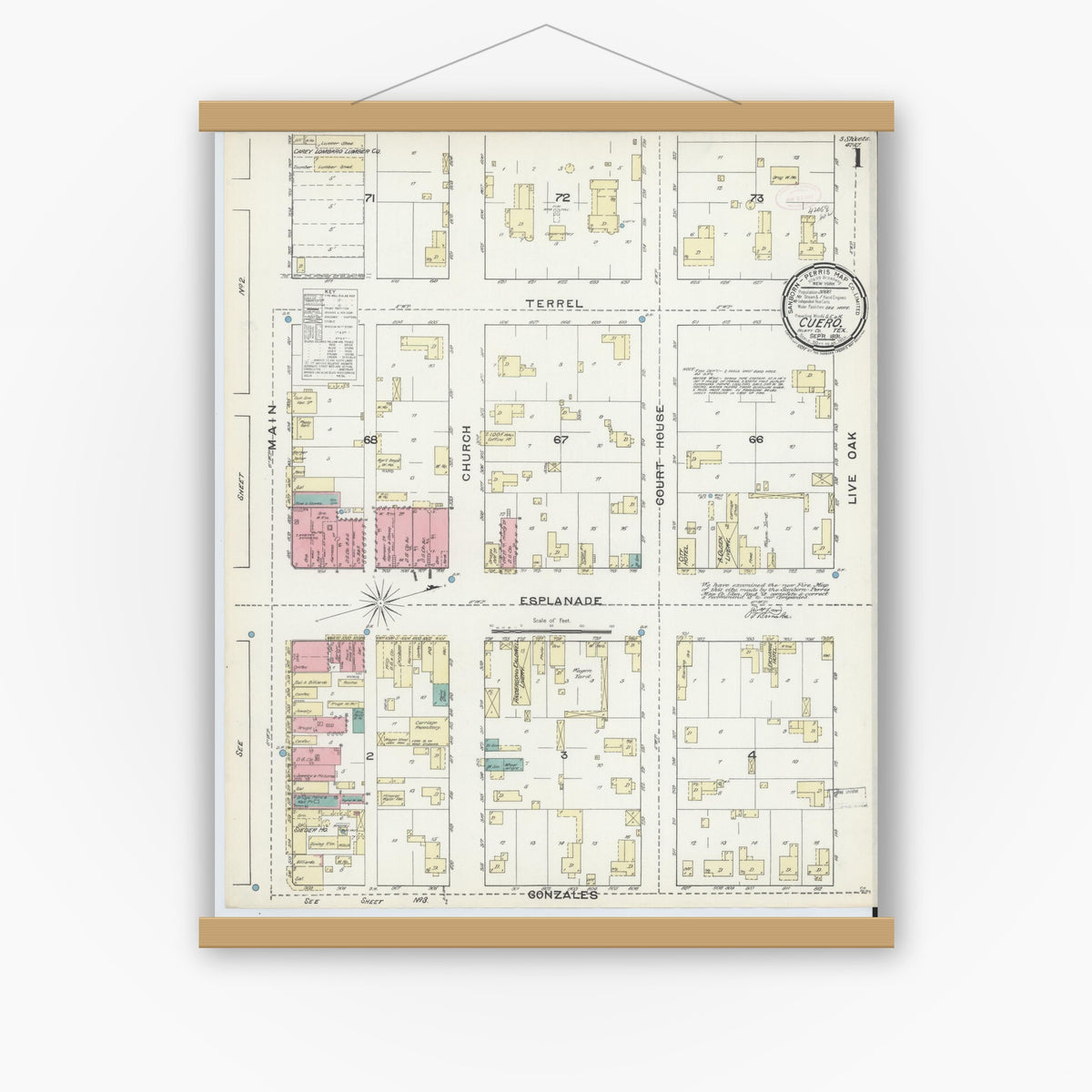 Old map wall art mockup — magnetic wood frame on white wall — Sanborn Fire Insurance Map from Cuero, De Witt County, Texas (1891) - Complete Map Set