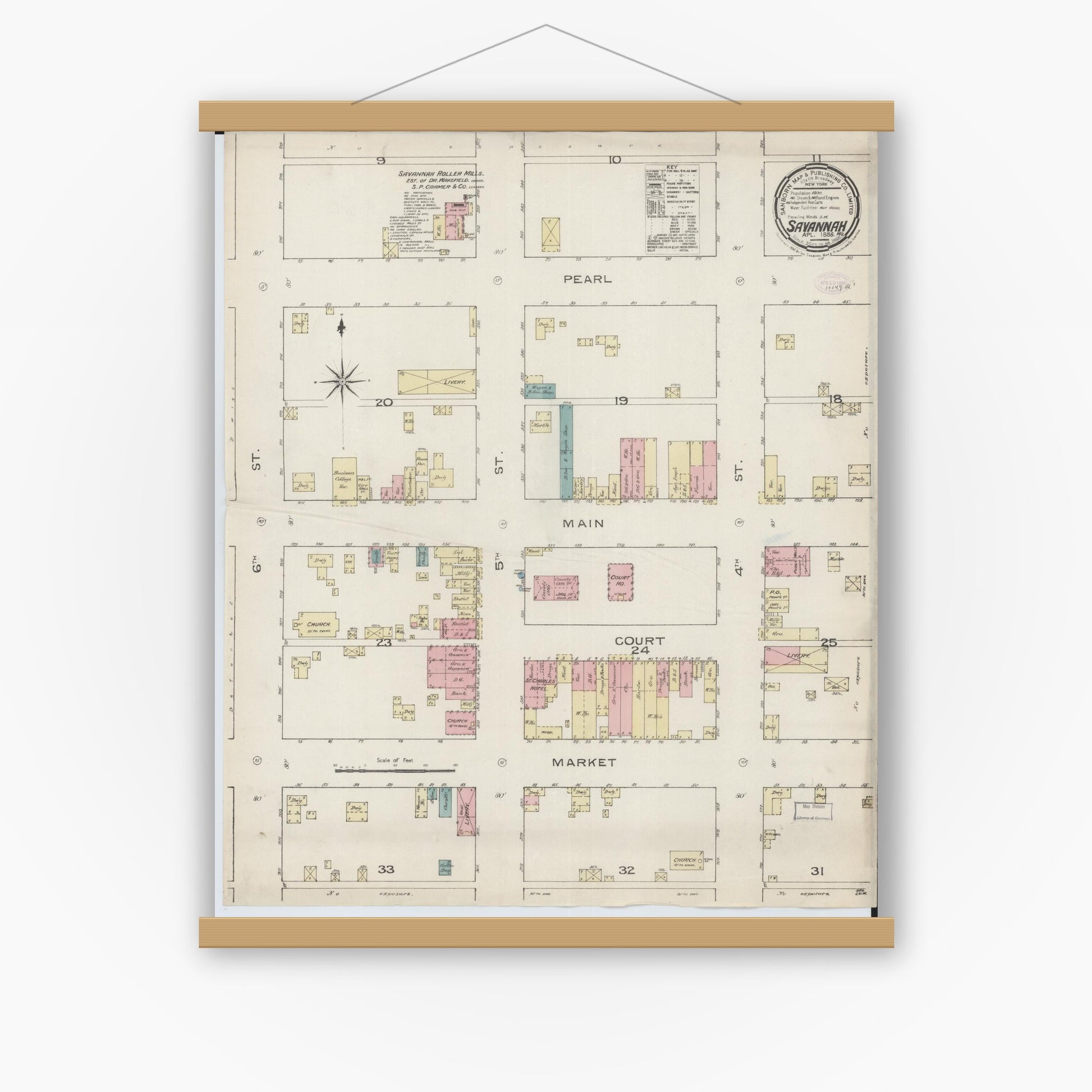 Old map wall art mockup — magnetic wood frame on white wall — Sanborn Fire Insurance Map from Savannah, Andrew County, Missouri (1886), Sheet #0001