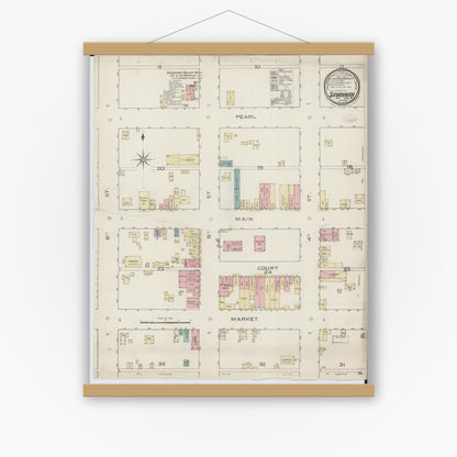 Old map wall art mockup — magnetic wood frame on white wall — Sanborn Fire Insurance Map from Savannah, Andrew County, Missouri (1886), Sheet #0001