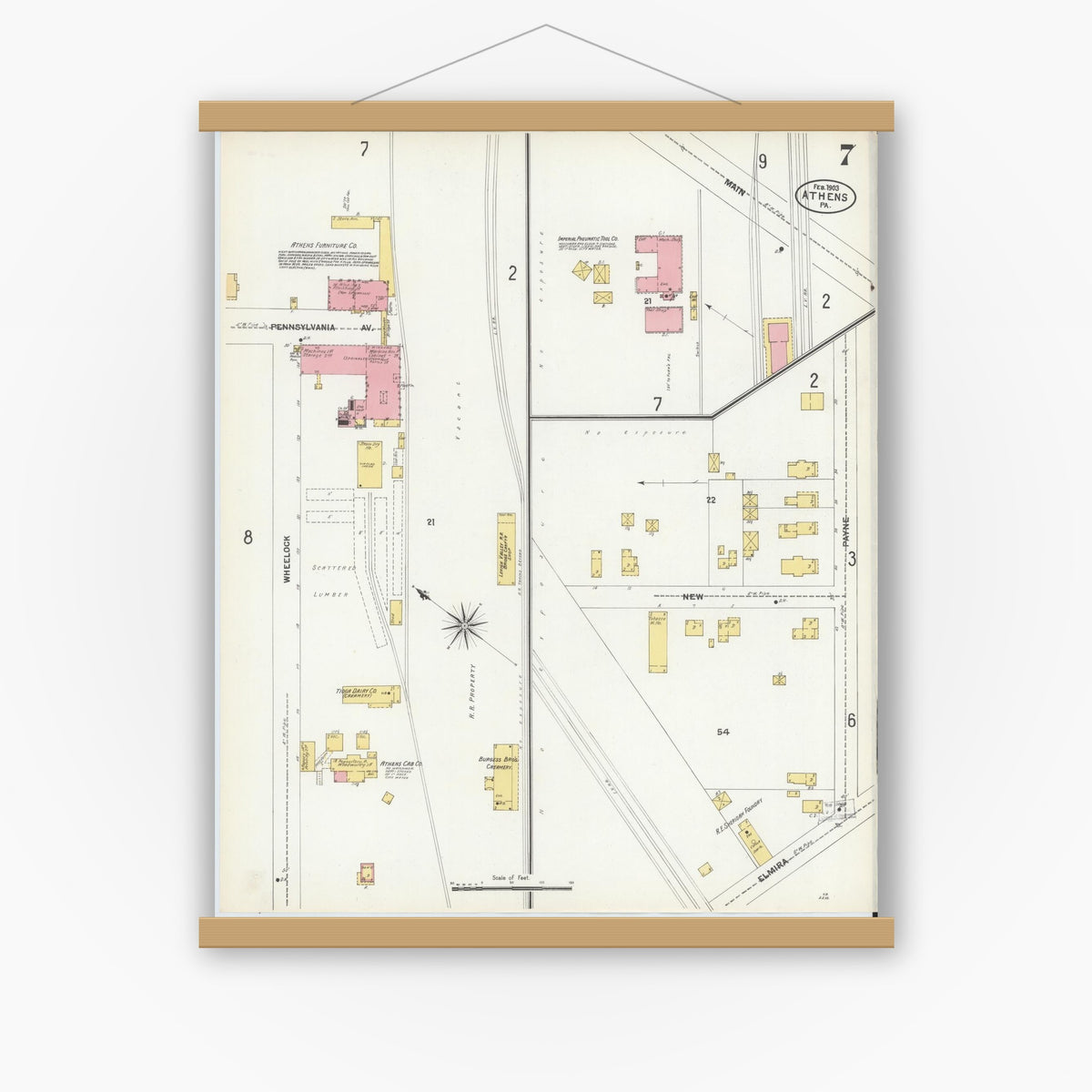 Old map wall art mockup — magnetic wood frame on white wall — Sanborn Fire Insurance Map from Athens, Bradford County, Pennsylvania (1903), Sheet #0007
