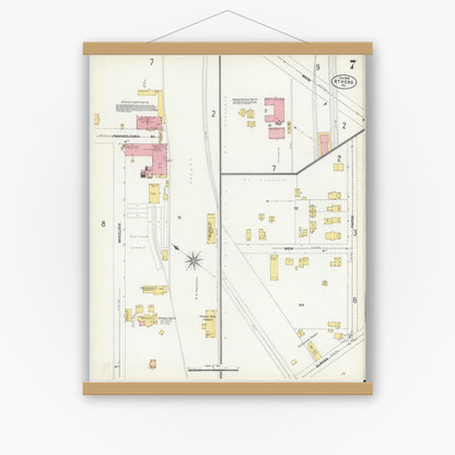 Old map wall art mockup — magnetic wood frame on white wall — Sanborn Fire Insurance Map from Athens, Bradford County, Pennsylvania (1903), Sheet #0007