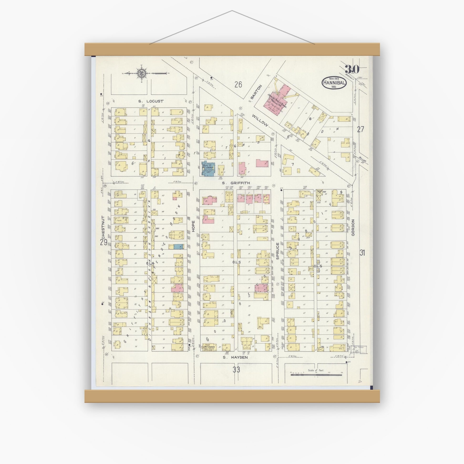 Old map wall art mockup — magnetic wood frame on white wall — Sanborn Fire Insurance Map from Hannibal, Marion County, Missouri (1913), Sheet #0030