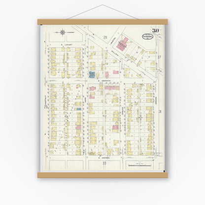Old map wall art mockup — magnetic wood frame on white wall — Sanborn Fire Insurance Map from Hannibal, Marion County, Missouri (1913), Sheet #0030