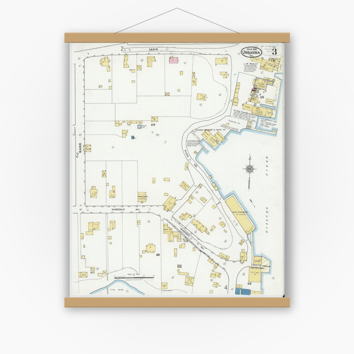 Old map wall art mockup — magnetic wood frame on white wall — Sanborn Fire Insurance Map from Urbanna, Middlesex County, Virginia (1921), Sheet #0003