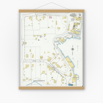 Old map wall art mockup — magnetic wood frame on white wall — Sanborn Fire Insurance Map from Urbanna, Middlesex County, Virginia (1921), Sheet #0003