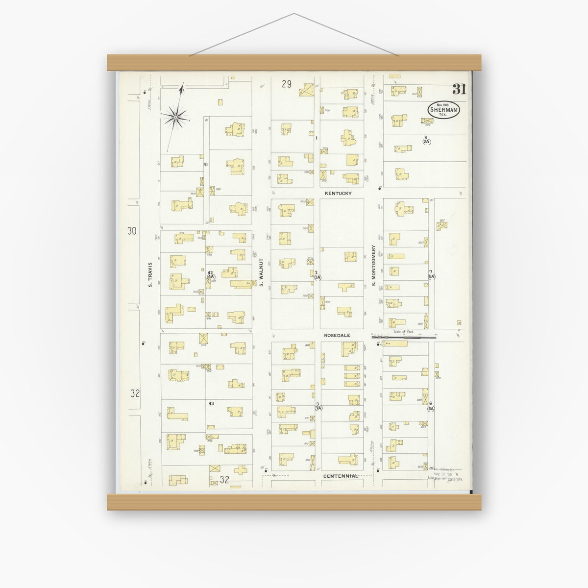 Old map wall art mockup — magnetic wood frame on white wall — Sanborn Fire Insurance Map from Sherman, Grayson County, Texas (1908), Sheet #0031