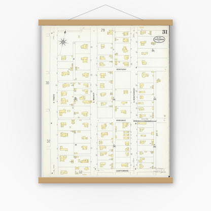 Old map wall art mockup — magnetic wood frame on white wall — Sanborn Fire Insurance Map from Sherman, Grayson County, Texas (1908), Sheet #0031