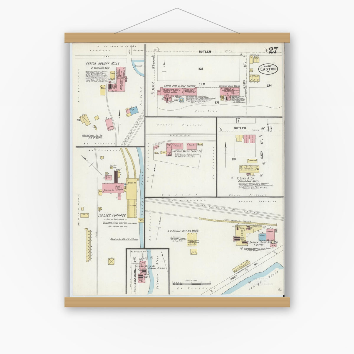 Old map wall art mockup — magnetic wood frame on white wall — Sanborn Fire Insurance Map from Easton, Northampton County, Pennsylvania (1897), Sheet #0027