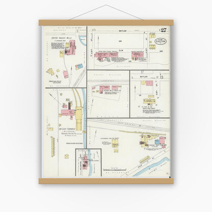 Old map wall art mockup — magnetic wood frame on white wall — Sanborn Fire Insurance Map from Easton, Northampton County, Pennsylvania (1897), Sheet #0027