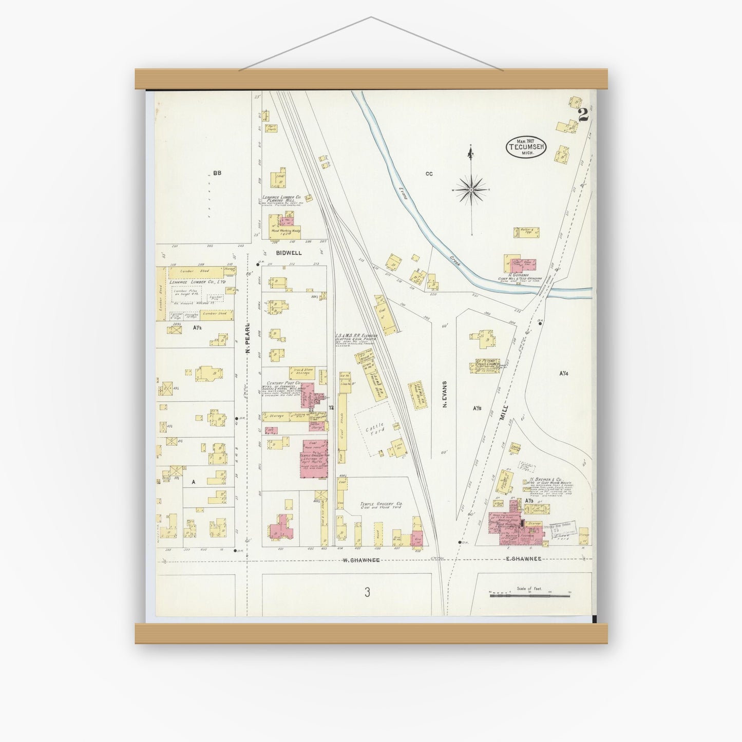 Old map wall art mockup — magnetic wood frame on white wall — Sanborn Fire Insurance Map from Tecumseh, Lenawee County, Michigan (1907), Sheet #0002