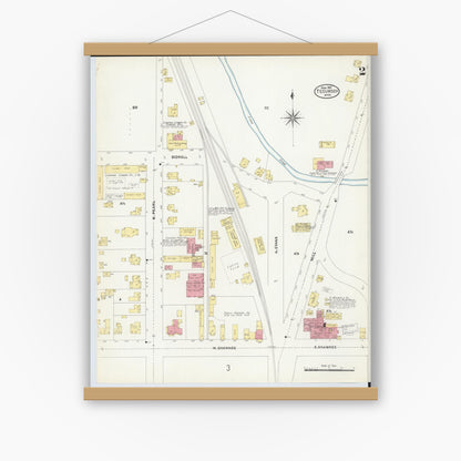 Old map wall art mockup — magnetic wood frame on white wall — Sanborn Fire Insurance Map from Tecumseh, Lenawee County, Michigan (1907), Sheet #0002