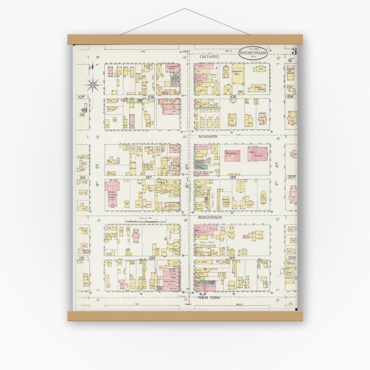 Old map wall art mockup — magnetic wood frame on white wall — Sanborn Fire Insurance Map from Sheboygan, Sheboygan County, Wisconsin (1887), Sheet #0003