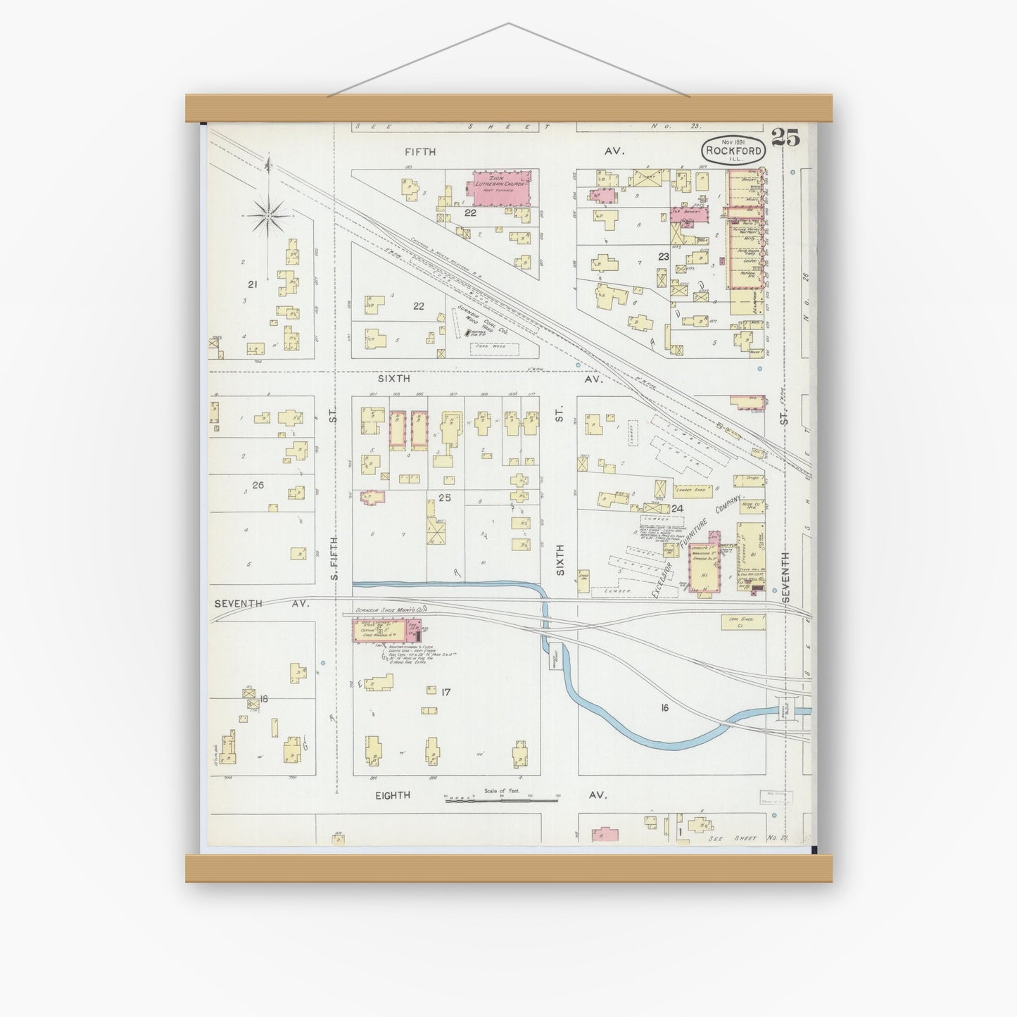 Old map wall art mockup — magnetic wood frame on white wall — Sanborn Fire Insurance Map from Rockford, Winnebago County, Illinois (1891), Sheet #0025