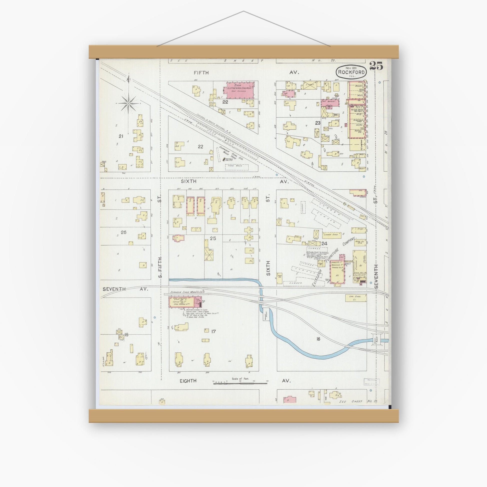 Old map wall art mockup — magnetic wood frame on white wall — Sanborn Fire Insurance Map from Rockford, Winnebago County, Illinois (1891), Sheet #0025