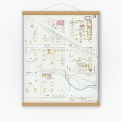 Old map wall art mockup — magnetic wood frame on white wall — Sanborn Fire Insurance Map from Rockford, Winnebago County, Illinois (1891), Sheet #0025