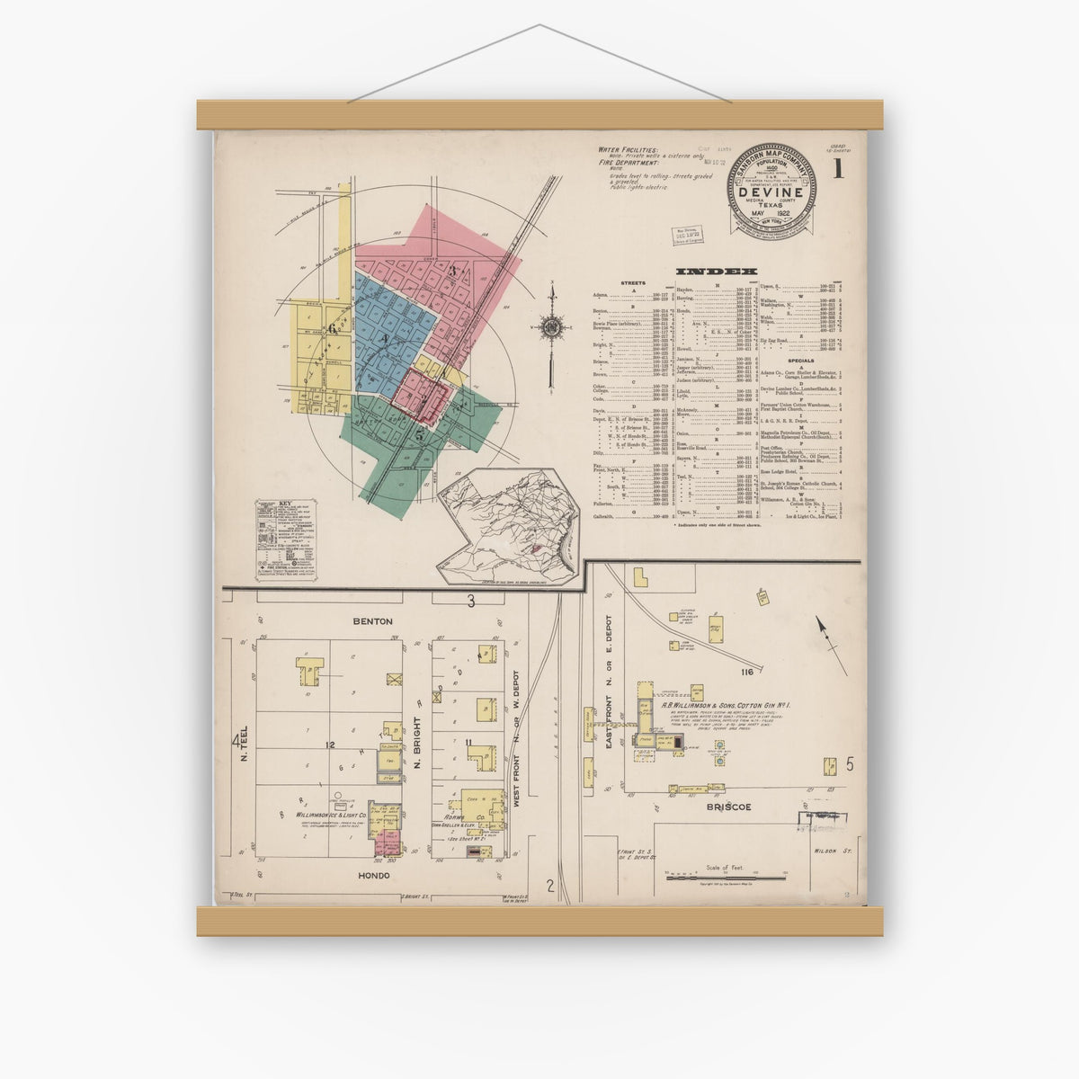 Old map wall art mockup — magnetic wood frame on white wall — Sanborn Fire Insurance Map from Devine, Medina County, Texas (1922), Sheet #0001