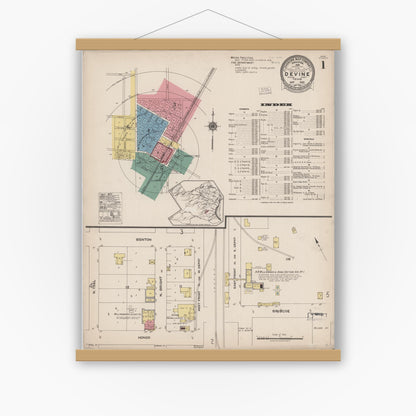 Old map wall art mockup — magnetic wood frame on white wall — Sanborn Fire Insurance Map from Devine, Medina County, Texas (1922), Sheet #0001