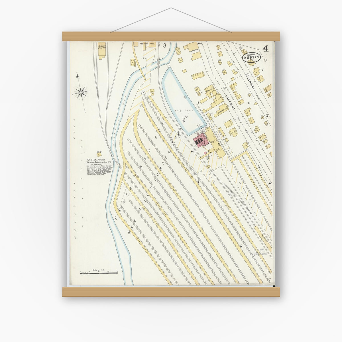 Old map wall art mockup — magnetic wood frame on white wall — Sanborn Fire Insurance Map from Austin, Potter County, Pennsylvania (1898), Sheet #0004