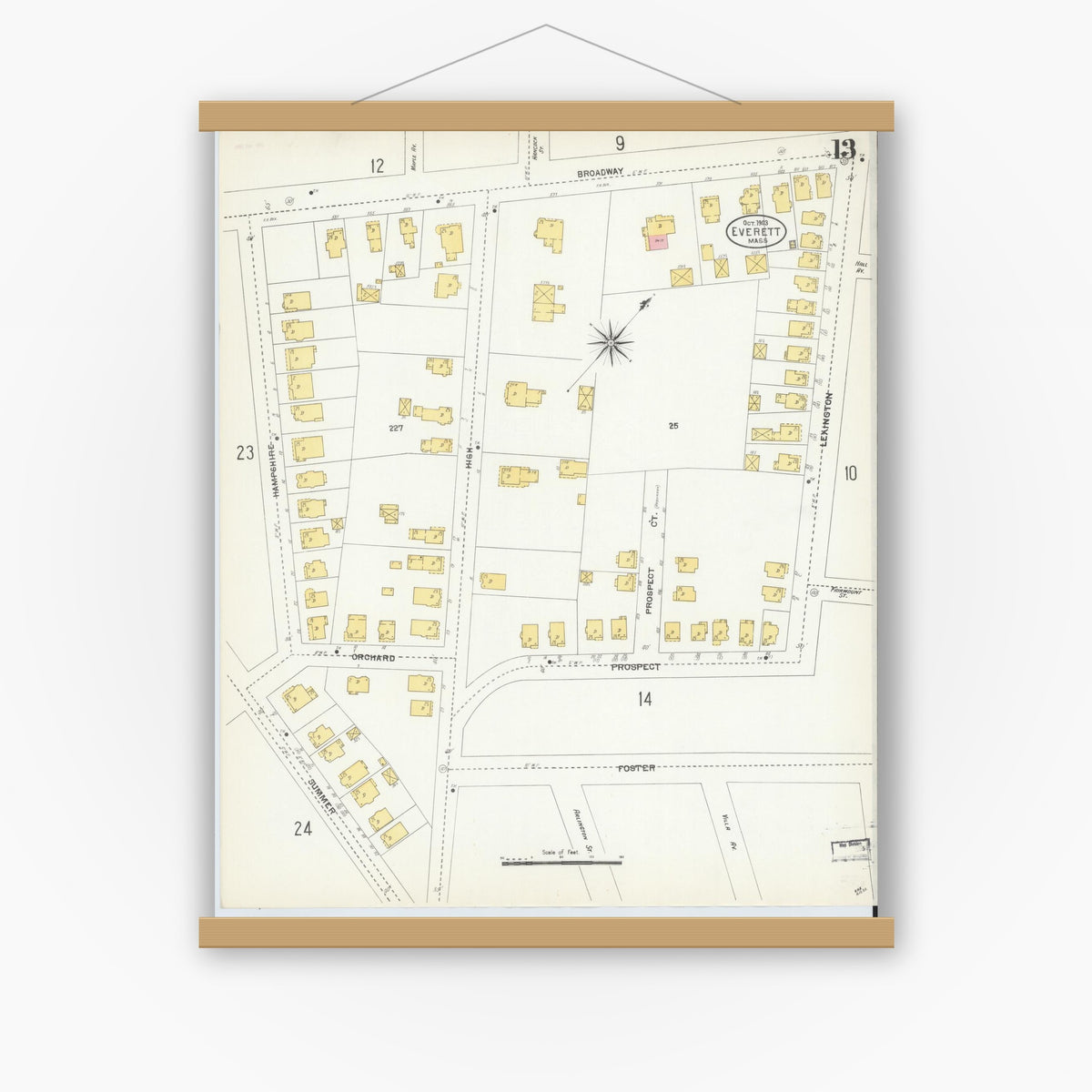 Old map wall art mockup — magnetic wood frame on white wall — Sanborn Fire Insurance Map from Everett, Middlesex County, Massachusetts (1903), Sheet #0013