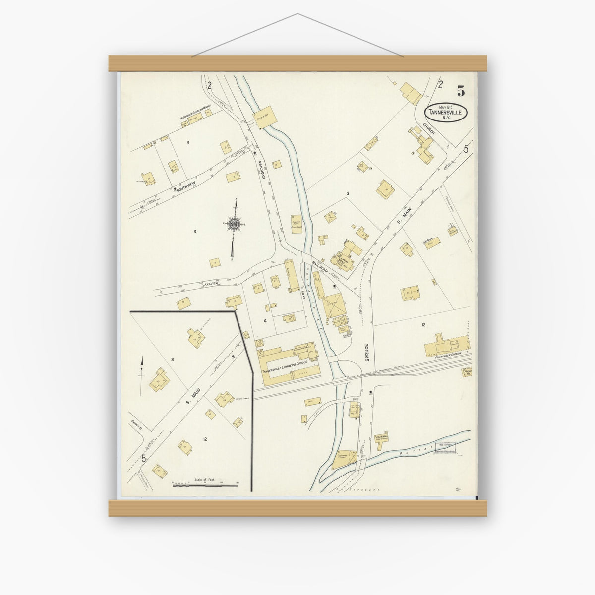 Old map wall art mockup — magnetic wood frame on white wall — Sanborn Fire Insurance Map from Tannersville, Greene County, New York (1912), Sheet #0005