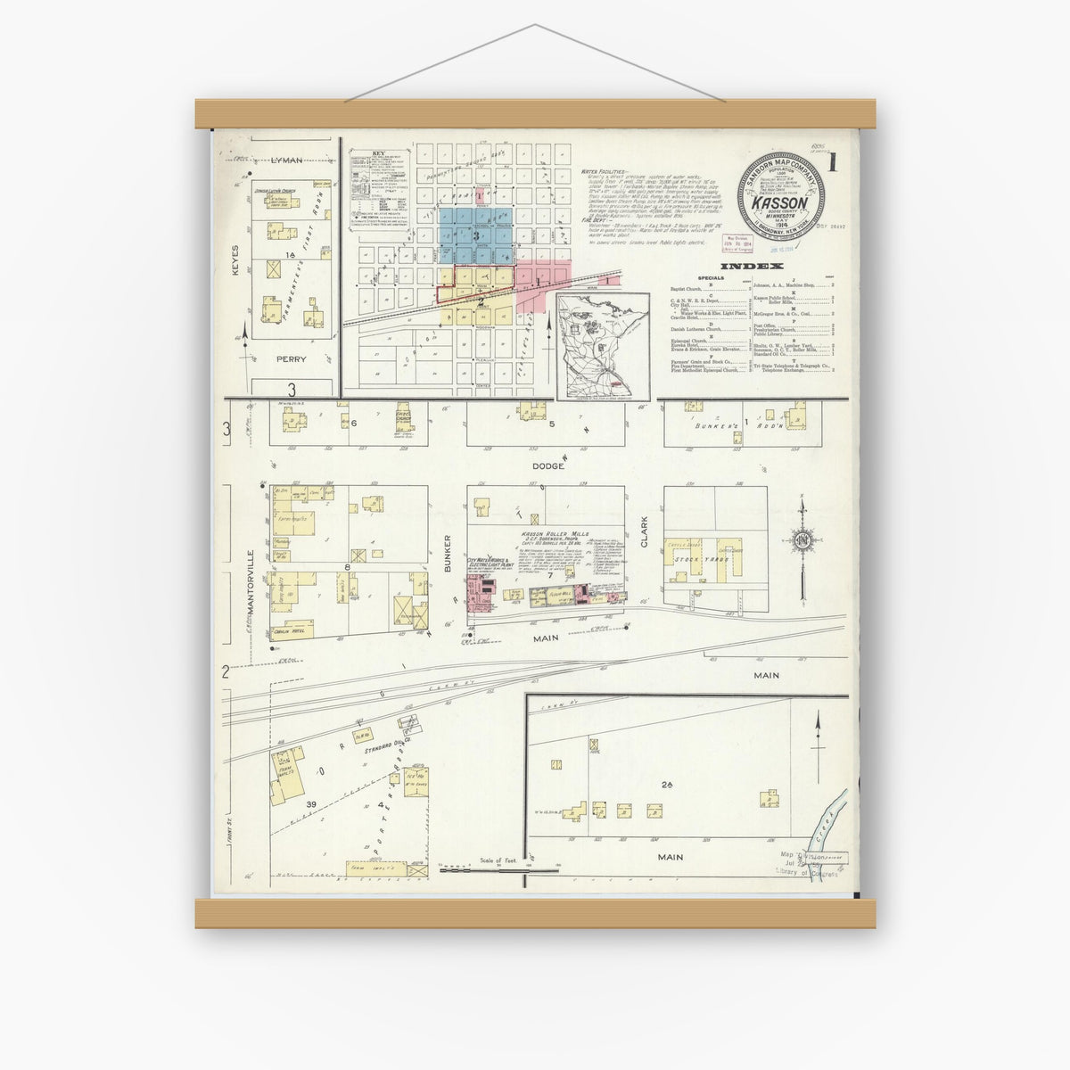 Old map wall art mockup — magnetic wood frame on white wall — Sanborn Fire Insurance Map from Kasson, Dodge County, Minnesota (1914) - Complete Map Set