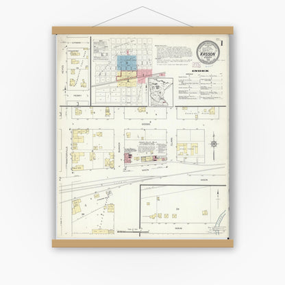 Old map wall art mockup — magnetic wood frame on white wall — Sanborn Fire Insurance Map from Kasson, Dodge County, Minnesota (1914) - Complete Map Set