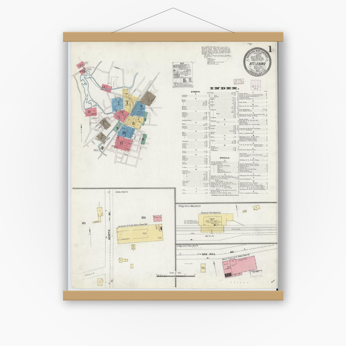 Old map wall art mockup — magnetic wood frame on white wall — Sanborn Fire Insurance Map from Attleboro, Bristol County, Massachusetts (1905), Sheet #0001