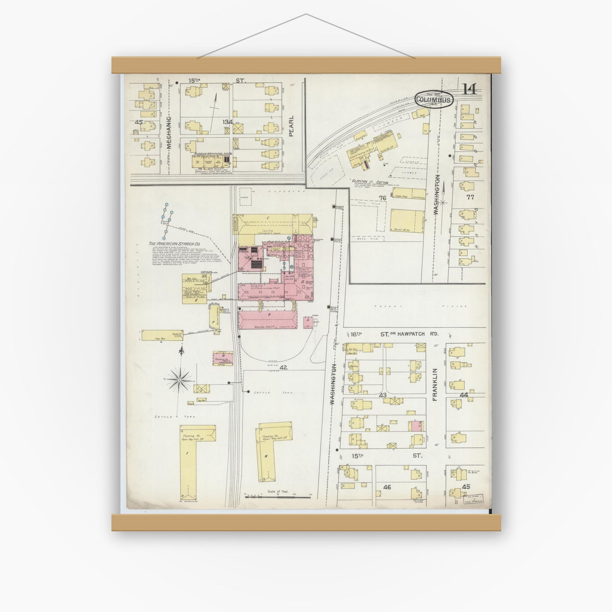 Old map wall art mockup — magnetic wood frame on white wall — Sanborn Fire Insurance Map from Columbus, Bartholomew County, Indiana (1892), Sheet #0014