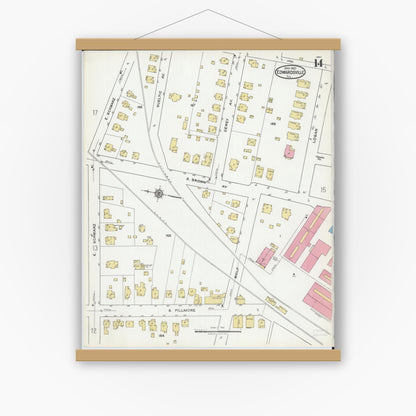 Old map wall art mockup — magnetic wood frame on white wall — Sanborn Fire Insurance Map from Edwardsville, Madison County, Illinois (1921), Sheet #0014