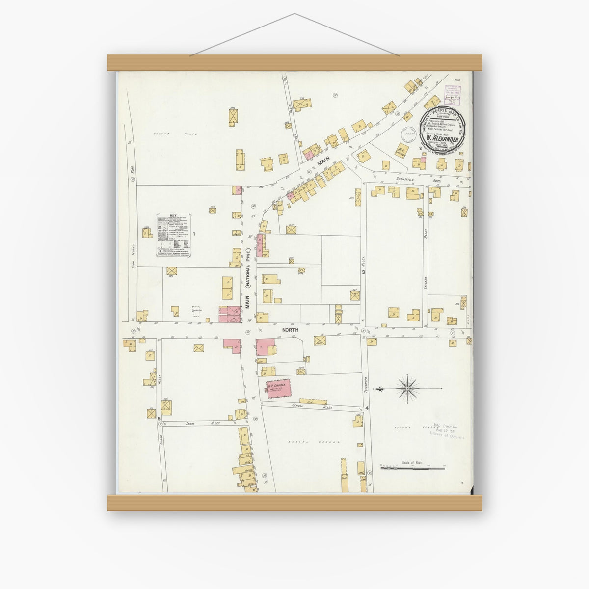 Old map wall art mockup — magnetic wood frame on white wall — Sanborn Fire Insurance Map from West Alexander, Washington County, Pennsylvania (1901), Sheet #0001