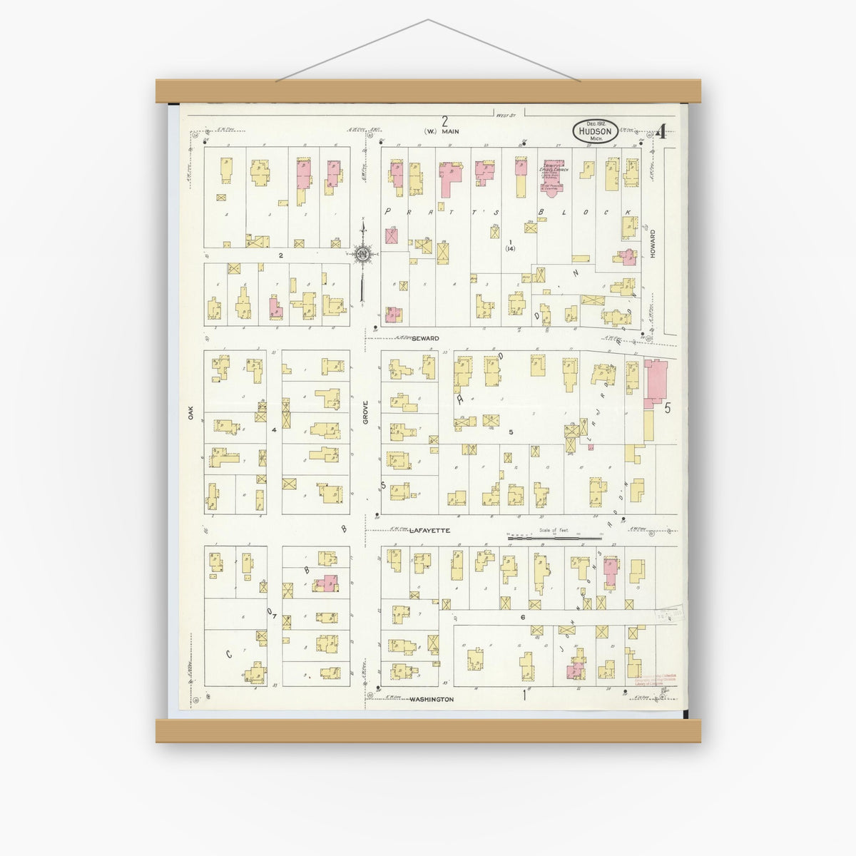 Old map wall art mockup — magnetic wood frame on white wall — Sanborn Fire Insurance Map from Hudson, Lenawee County, Michigan (1912), Sheet #0004
