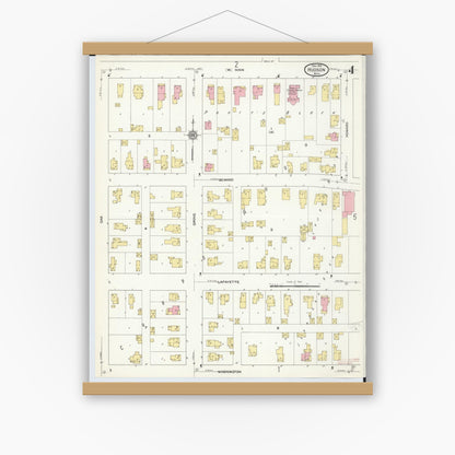 Old map wall art mockup — magnetic wood frame on white wall — Sanborn Fire Insurance Map from Hudson, Lenawee County, Michigan (1912), Sheet #0004