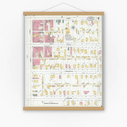 Old map wall art mockup — magnetic wood frame on white wall — Sanborn Fire Insurance Map from Paris, Edgar County, Illinois (1900), Sheet #0004