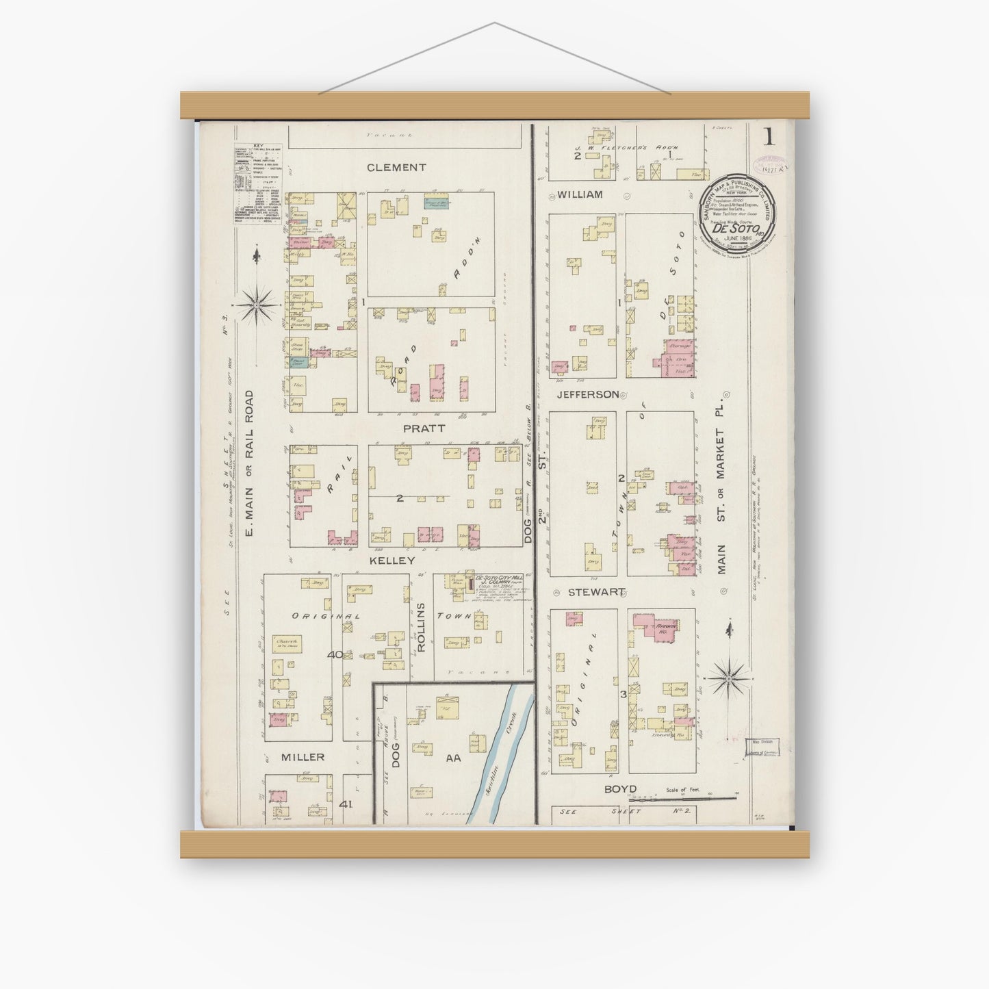 Old map wall art mockup — magnetic wood frame on white wall — Sanborn Fire Insurance Map from De Soto, Jefferson County, Missouri (1886) - Complete Map Set