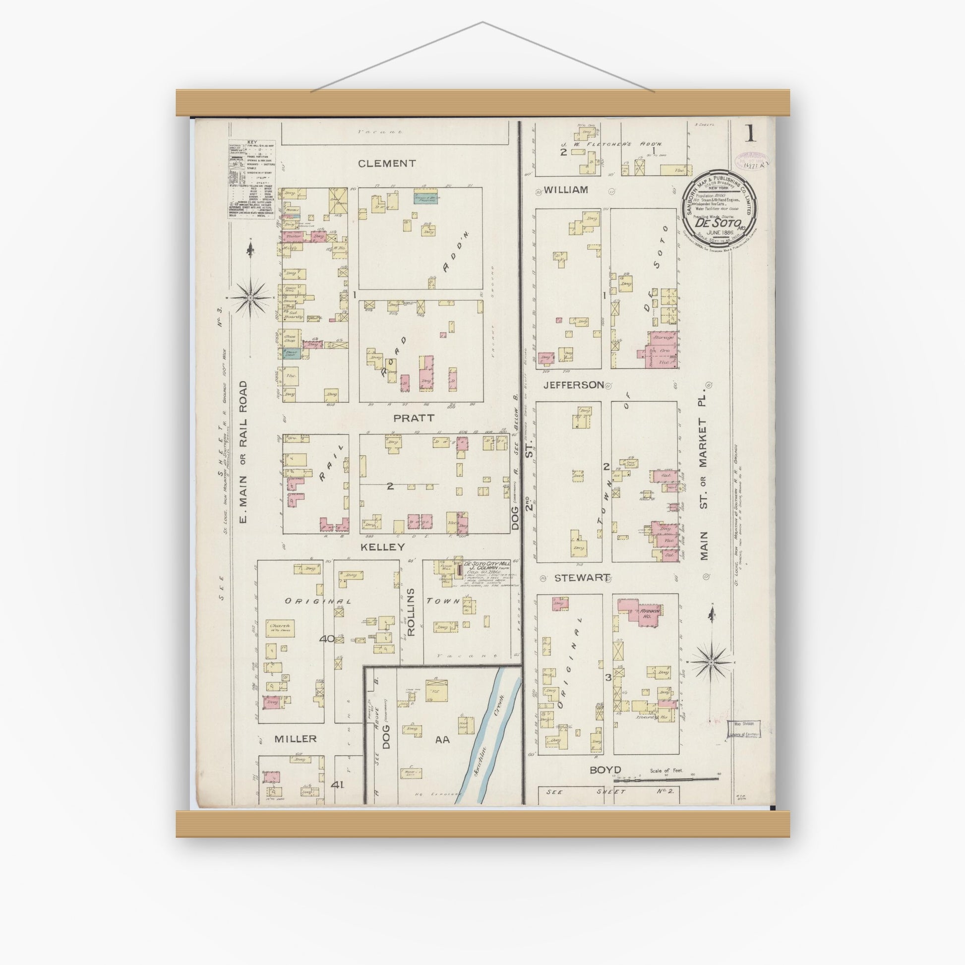 Old map wall art mockup — magnetic wood frame on white wall — Sanborn Fire Insurance Map from De Soto, Jefferson County, Missouri (1886) - Complete Map Set