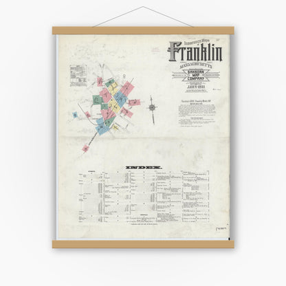 Old map wall art mockup — magnetic wood frame on white wall — Sanborn Fire Insurance Map from Franklin, Norfolk County, Massachusetts (1911) - Complete Map Set