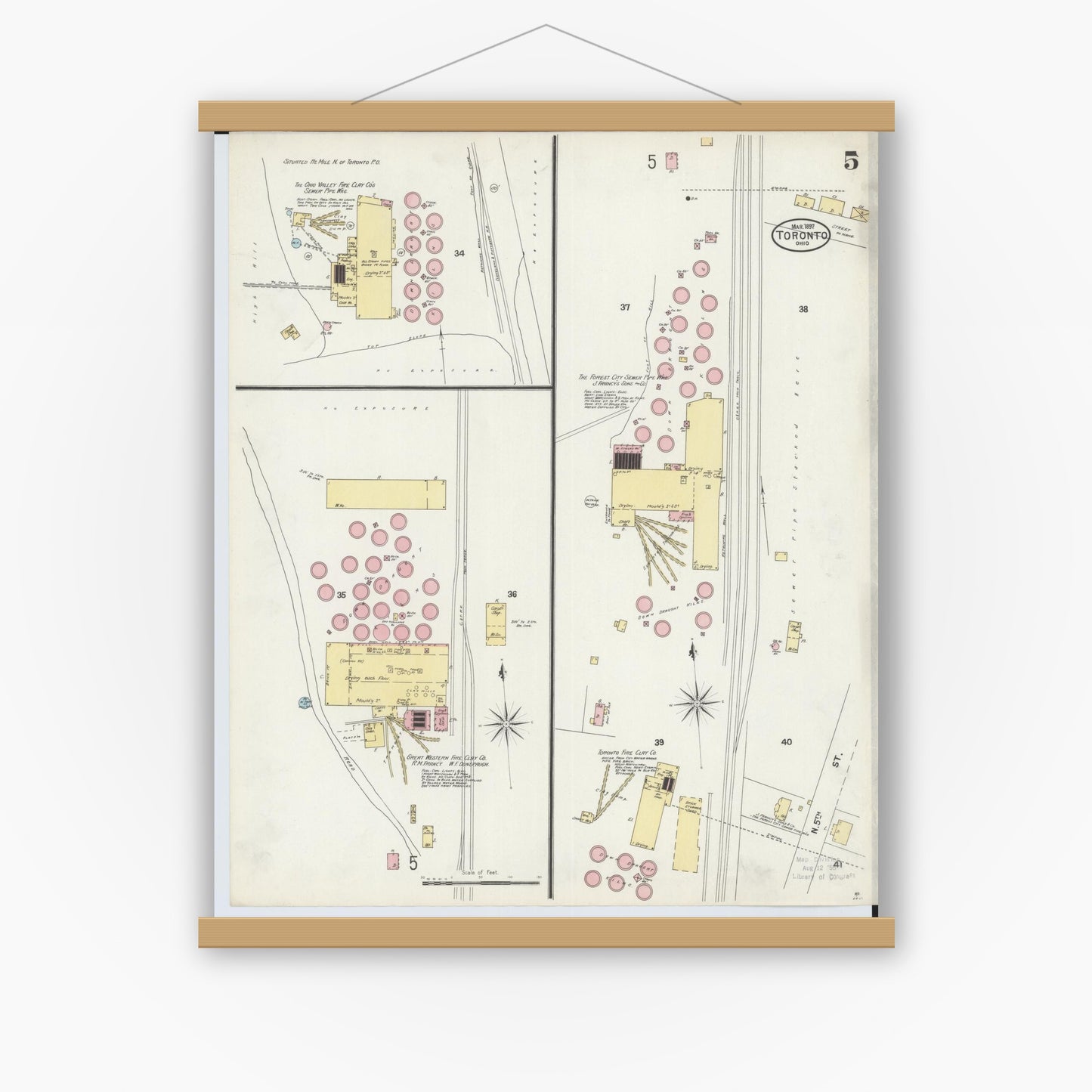 Old map wall art mockup — magnetic wood frame on white wall — Sanborn Fire Insurance Map from Toronto, Jefferson County, Ohio (1897), Sheet #0005