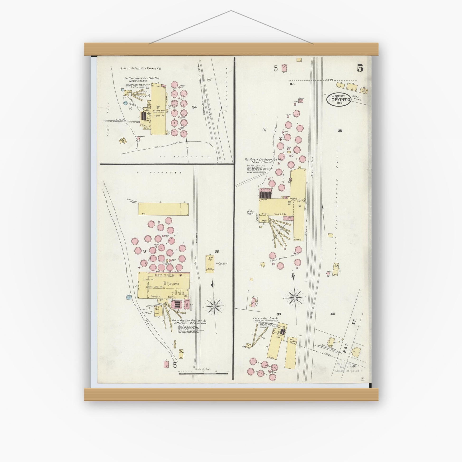 Old map wall art mockup — magnetic wood frame on white wall — Sanborn Fire Insurance Map from Toronto, Jefferson County, Ohio (1897), Sheet #0005