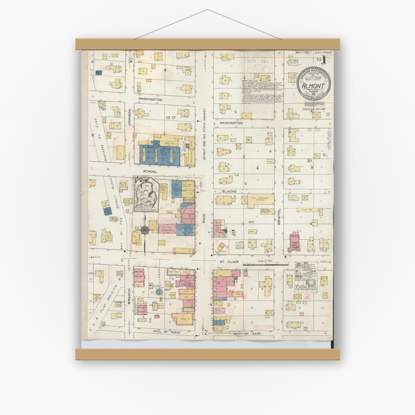 Old map wall art mockup — magnetic wood frame on white wall — Sanborn Fire Insurance Map from Almont, Lapeer County, Michigan (1929) - Complete Map Set
