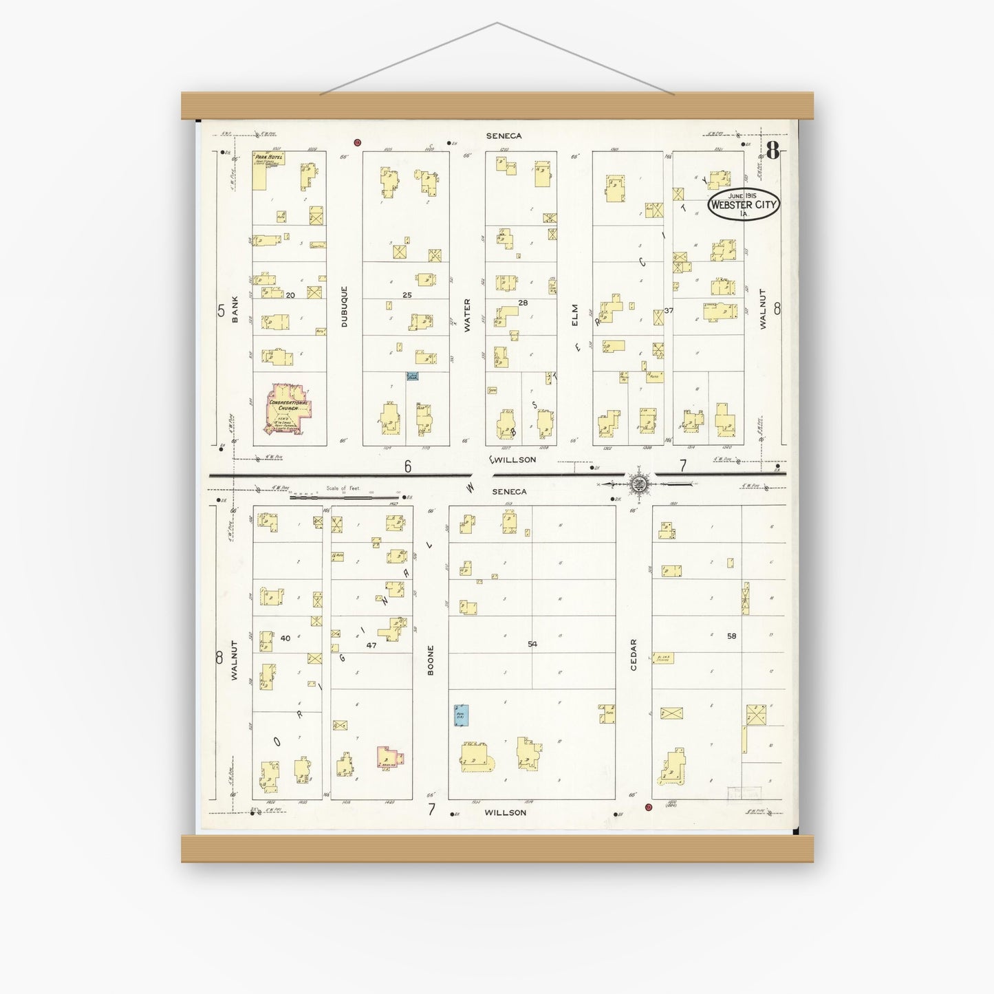Old map wall art mockup — magnetic wood frame on white wall — Sanborn Fire Insurance Map from Webster City, Hamilton County, Iowa (1915), Sheet #0008