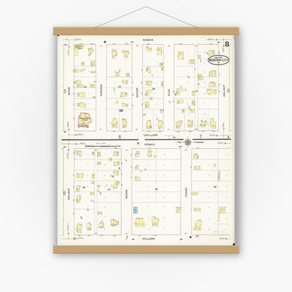 Old map wall art mockup — magnetic wood frame on white wall — Sanborn Fire Insurance Map from Webster City, Hamilton County, Iowa (1915), Sheet #0008