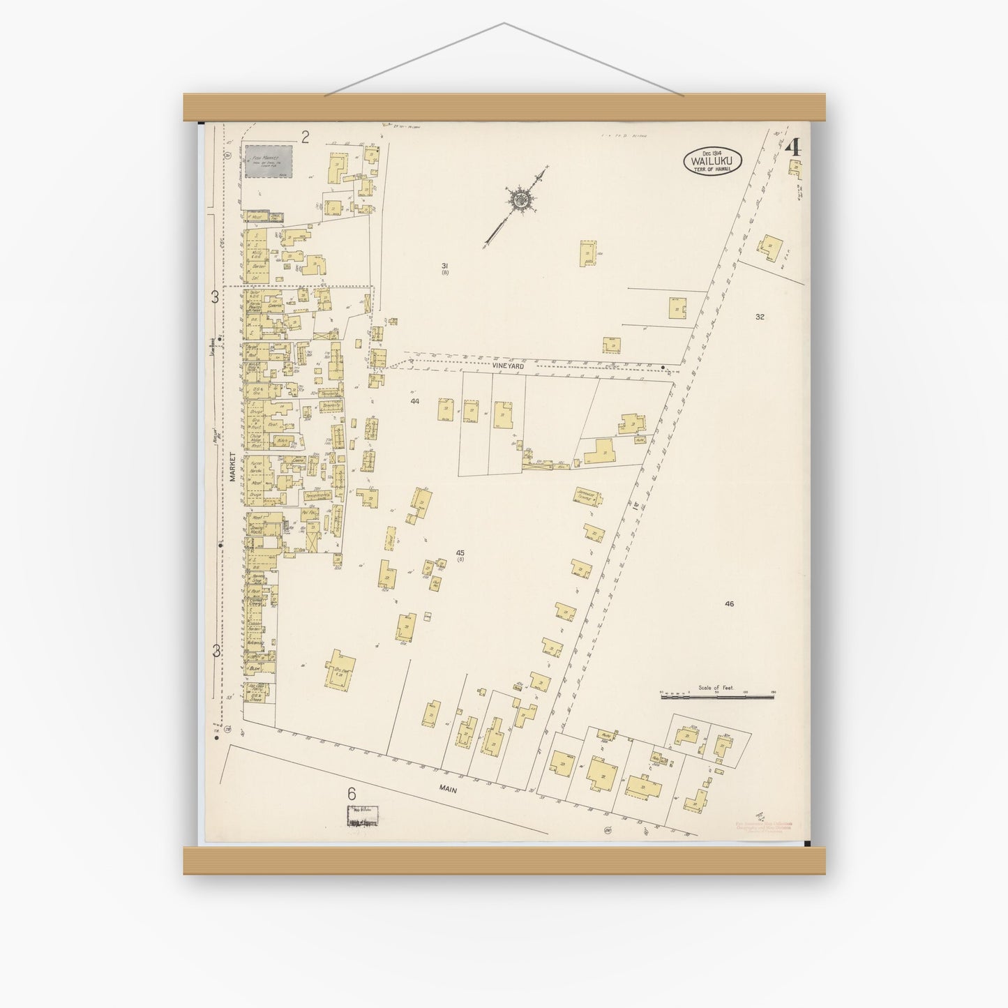 Old map wall art mockup — magnetic wood frame on white wall — Sanborn Fire Insurance Map from Wailuku, Maui County, Hawaii (1914), Sheet #0004