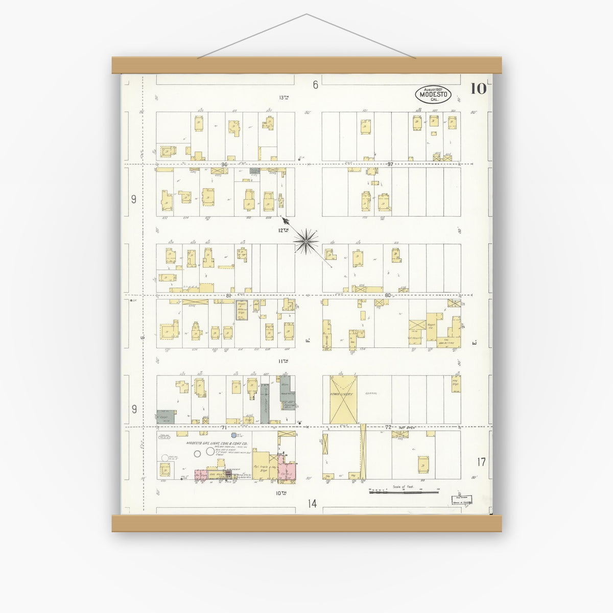 Old map wall art mockup — magnetic wood frame on white wall — Sanborn Fire Insurance Map from Modesto, Stanislaus County, California (1907), Sheet #0010