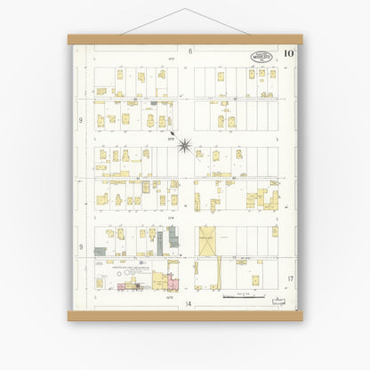Old map wall art mockup — magnetic wood frame on white wall — Sanborn Fire Insurance Map from Modesto, Stanislaus County, California (1907), Sheet #0010