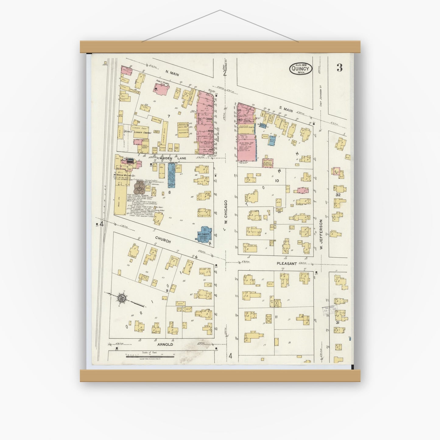 Old map wall art mockup — magnetic wood frame on white wall — Sanborn Fire Insurance Map from Quincy, Branch County, Michigan (1919), Sheet #0003