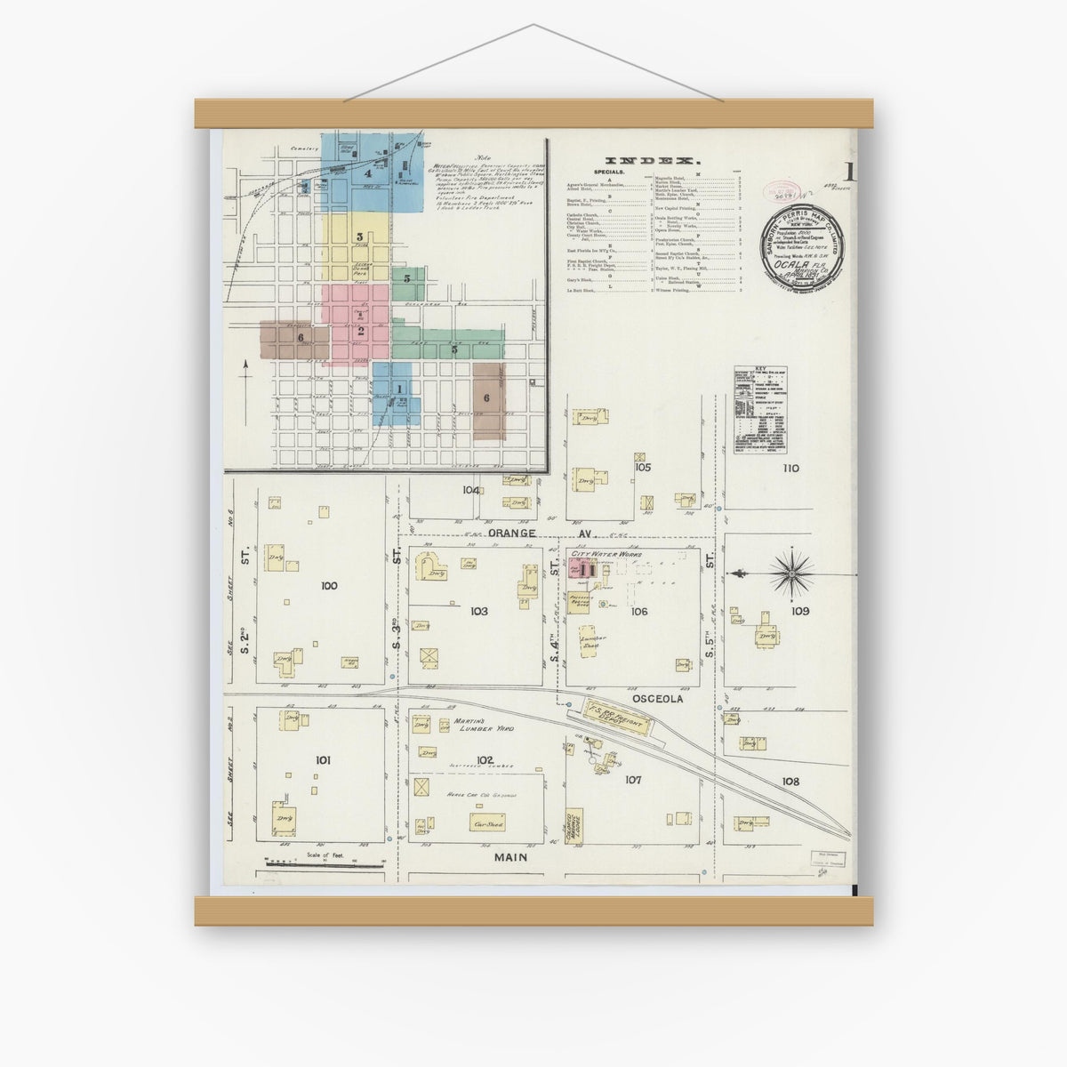 Old map wall art mockup — magnetic wood frame on white wall — Sanborn Fire Insurance Map from Ocala, Marion County, Florida (1891) - Complete Map Set